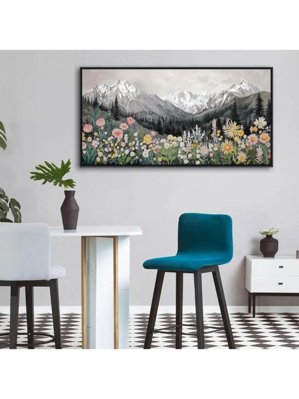 40x20 Black & White Landscape Poster Frame - Snow-Capped Mountains & Daisies